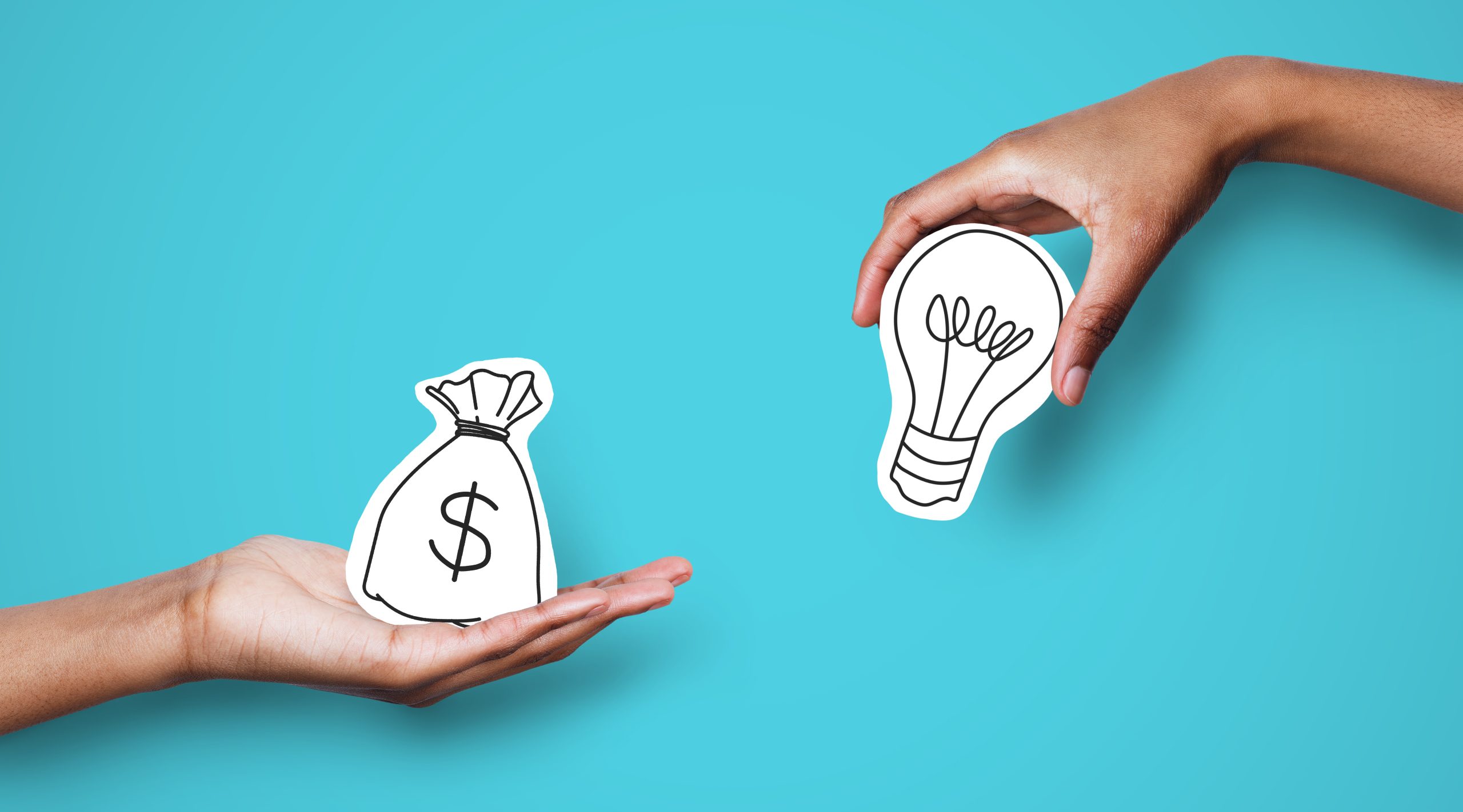 Hands with dollar sign bag and light bulb