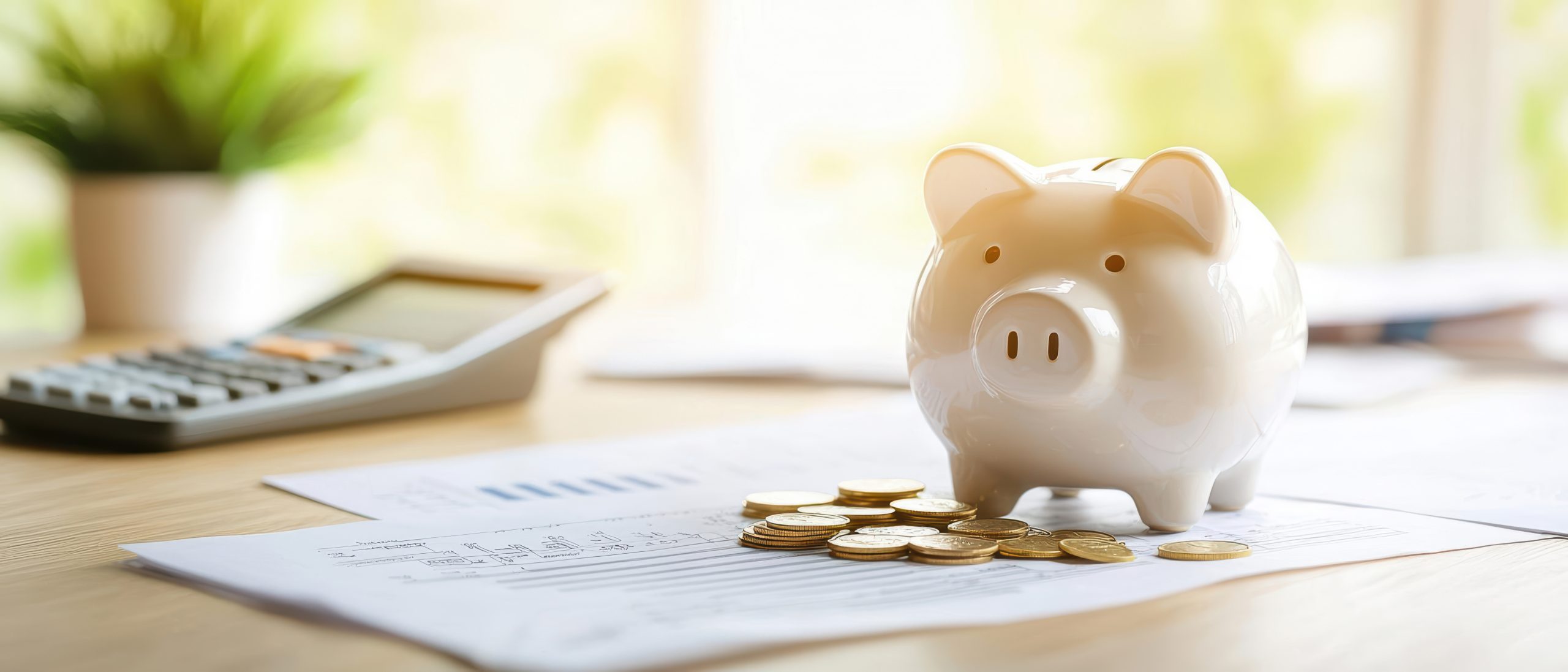 Piggy bank with coins on a table with a calculator.